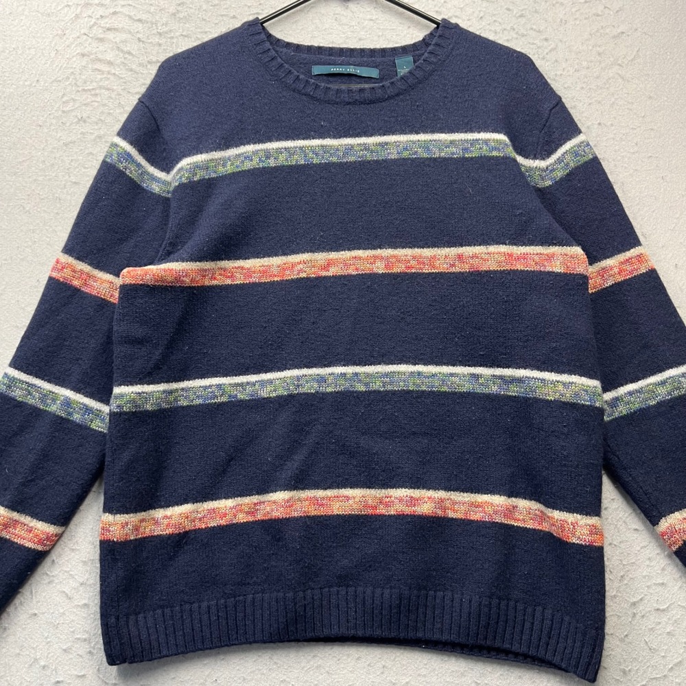 Perry Ellis Mens Large Lambswool Blend Striped Crewneck Sweater Navy Multi-Color